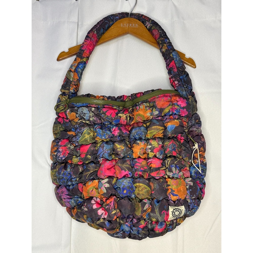 Natural Life Floral Bubble Quilted Shoulder Bag Boho Puffy Slouchy Hobo Purse